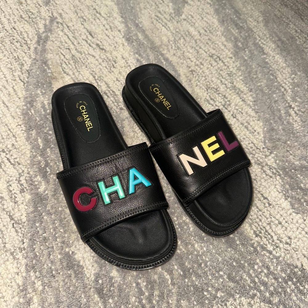 Chanel Black Multicolor Logo Slides